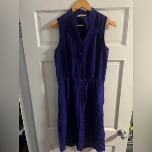 100% silk Blue button up shirt dress beach cover up deep blue purple sz 10